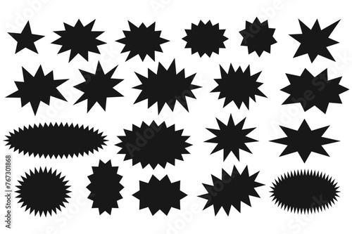 set of vector black stickers in the form of a  sunburst badges and multi-pointed star  discount tags.