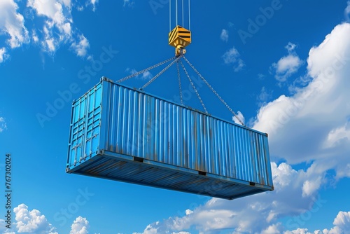 A crane at a shipping yard lifts a container high into the sky, showcasing heavy machinery in action