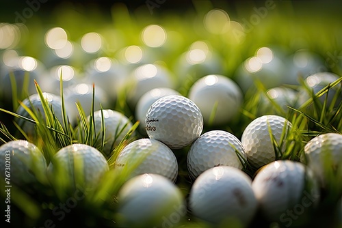 Golf balls aligned in the sunny field., generative IA photo