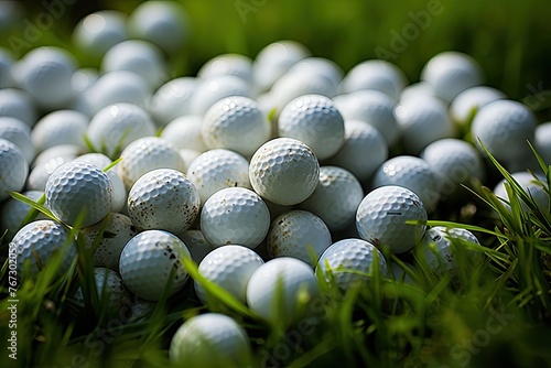 Golf balls aligned in the sunny field., generative IA photo
