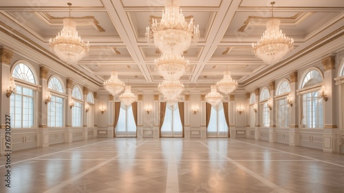Lavish ballroom in palatial estate with coffered ceilings and crystal chandeliers. photo