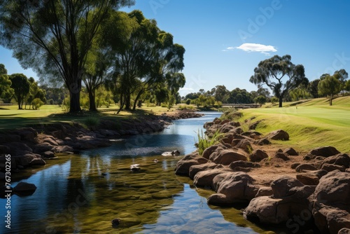 Serene golf course under blue sky with players., generative IA