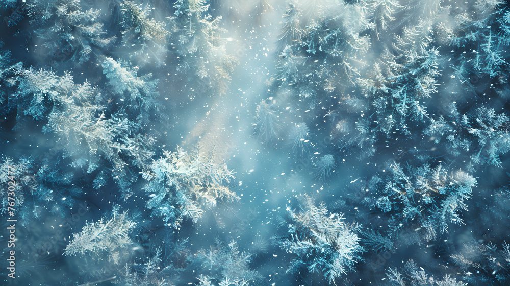 Top view of a snowy pine forest, serene, cool tones, holiday wallpaper, artistic, winter scene, photorealistic - obrazy, fototapety, plakaty 