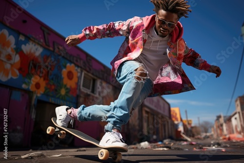 Skateboarder's Artist Mid-Air Kickflip AMID Urban Energy., generative IA