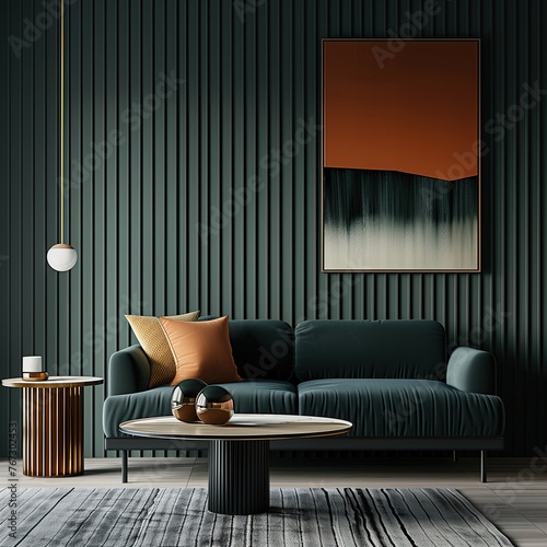 A living room with dark green vertical striped wallpaper, a sofa in deep emerald color and brown fabric, two side tables with a black coffee table, and an orange painting on the wall. photo