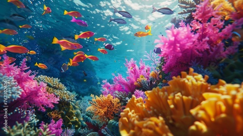 A vibrant coral reef teeming with life beneath the crystalclear ocean waves, colorful fish darting between the corals, a hidden world of wonder and mystery just below the surface, HD, 4K © rookielion