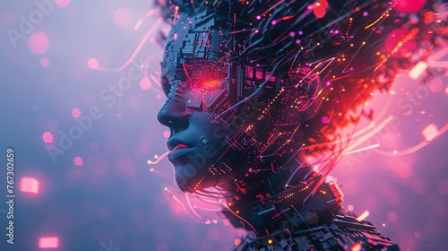 Imagine a character with glitchy hair and circuitry skin hacking into virtual systems to unlock new levels of productivity and innovation. They navigate through digital mazes and obstacles