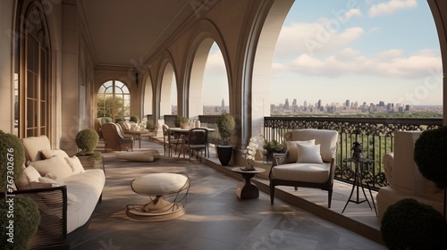 Lavish Beaux Arts penthouse terrace with arched French doors stone balustrades and wrought iron bistro seating areas.