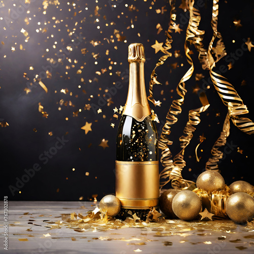 Celebration background with golden champagne bottle, confetti stars and party streamers. Christmas, birthday or wedding concept. copy space