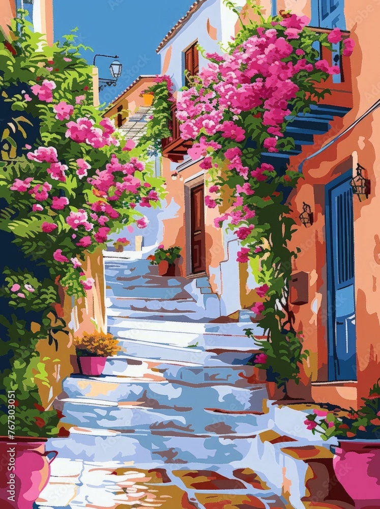 Fototapeta premium A painting depicting a street filled with colorful flowers in bloom, capturing a vibrant scene of urban beauty