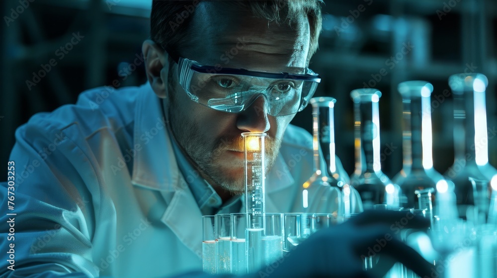 Science: A scientist in a lab coat, examining a glowing vial of liquid Science: A scientist in a lab coat, examining a glowing vial of liquid