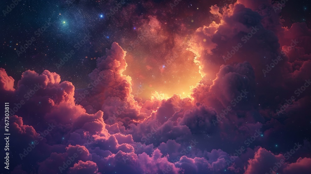 Vividly colored clouds in dark night sky with glowing stars