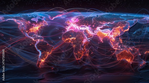 World trade map highlighted with interconnected global business routes and international trade flows