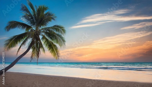 Leaning palm tree on the ocean shore. Beach with sunset. © Євдокія Мальшакова