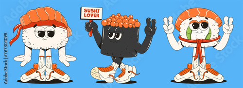 A set of sushi characters in trendy retro groovy style. Funny mascots for restaurants, bars, Japanese food. 