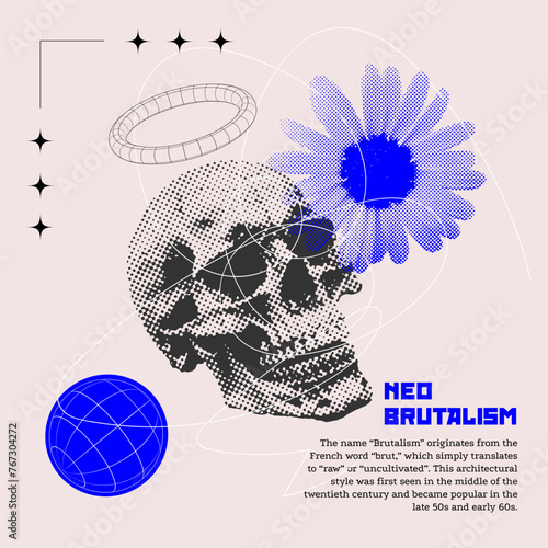Retro futuristic square poster design with human skull, flower and brutalist constructions. Abstract neo brutalism print with grunge textured elements. Vector illustration.