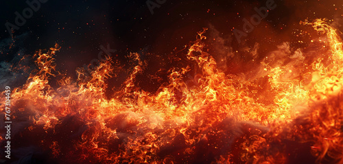 Dynamic eruption of vibrant flames dancing against a dark canvas, creating a breathtaking scene. [Copy space on blank labels word.]