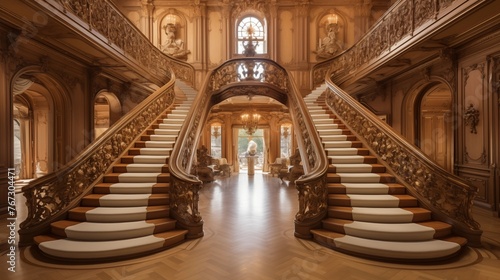 Lavish Gilded Age entry hall with intricately carved plaster molding ceiling herringbone parquet floors and grand staircase. © Aeman