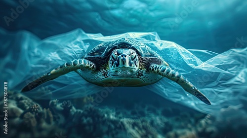 Turtle with plastic bag underwater, say no to single use plastic bag, plastic free, save ocean, climate crisis concept © Eugenia Sh
