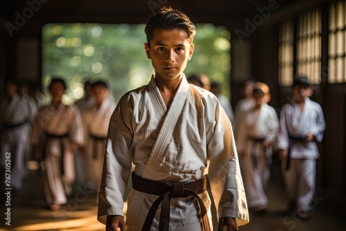 Students in Karate dojo bend with respect., generative IA