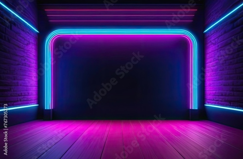 empty room with neon lights. blue pink violet neon abstract background, ultraviolet light