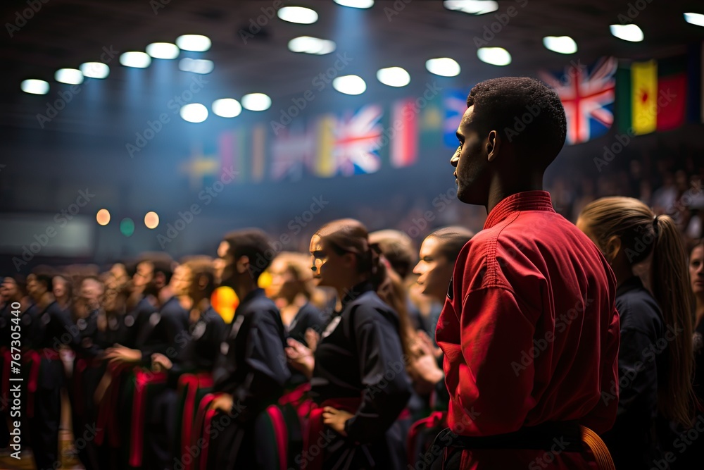 International Karate Tournament Intense fight against the gym., generative IA
