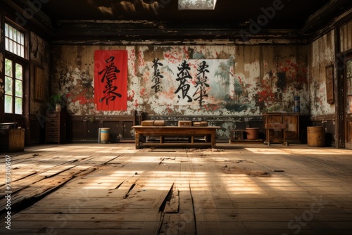 Karate dojo with wood wall and rugs., generative IA