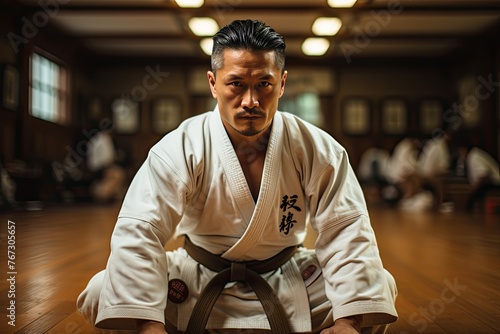 Karate practitioner performs perfect kata in Dojo., generative IA photo