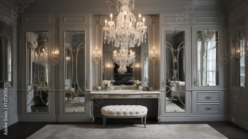 Lavish master dressing room with built-in vanity and storage walls antique mirrored doors and chandelier lighting.