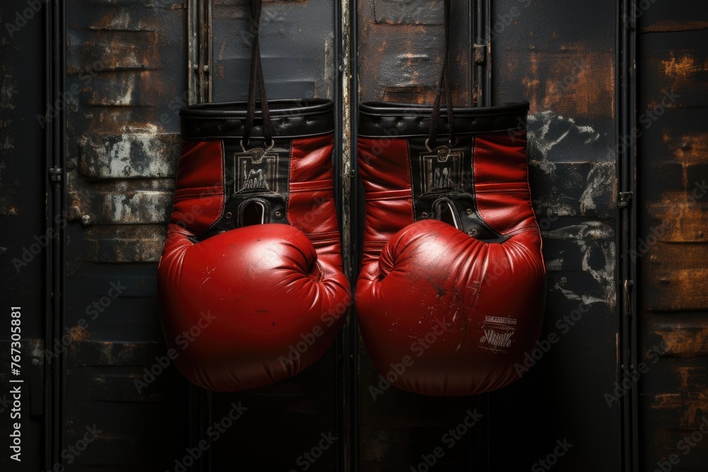 Red boxing gloves highlighted on brick wall., generative IA