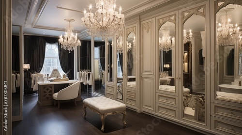 Lavish master dressing room with built-in vanity and storage walls antique mirrored doors and chandelier lighting.