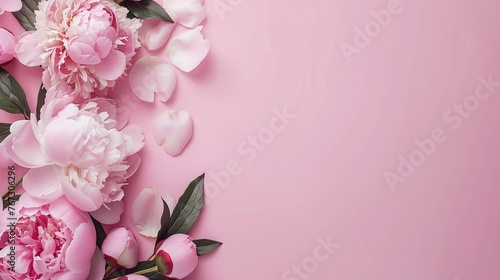 Fototapeta Naklejka Na Ścianę i Meble -  elegant peonies and roses arranged in a floral frame on a pink background with copy space ideal for feminine design and romantic concepts