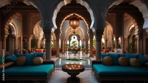 Lavish Moroccan palace lounge with carved wood ceilings jewel-toned tilework keyhole archways tiled fountains and plush daybeds. © Aeman
