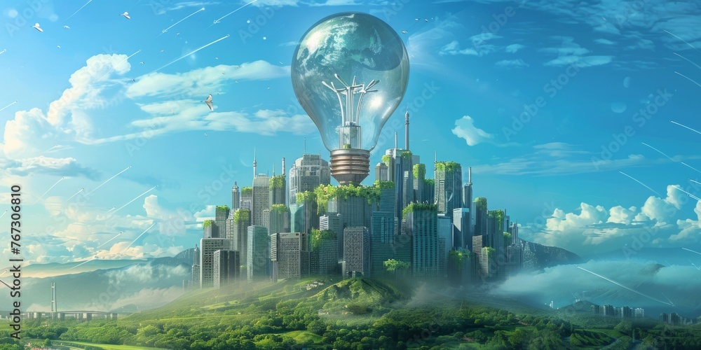 Sustainable Cityscape Inside a Light Bulb - obrazy, fototapety, plakaty 