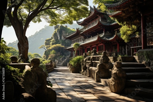Ancient Kung Fu Temple in the mountains of China., generative IA
