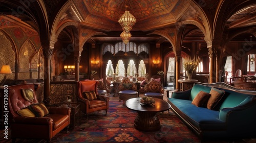 Lavish Moroccan-style lounge with vaulted carved wood ceilings jewel-toned tilework and plush furnishings.