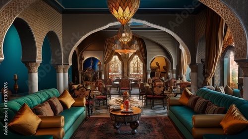 Lavish Moroccan-style lounge with hand-carved wood ceilings jewel-toned tilework arched doorways and plush seating. © Aeman