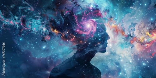 Ethereal figure with galaxy crown, merging human essence with infinite cosmos