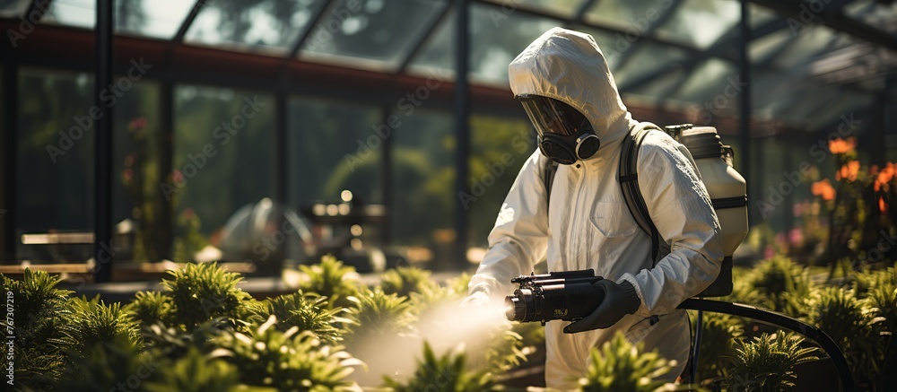 Top view of an unrecognizable person in white chemical protection suit doing disinfection and spraying of public areas to stop highly contagious corona virus - obrazy, fototapety, plakaty 