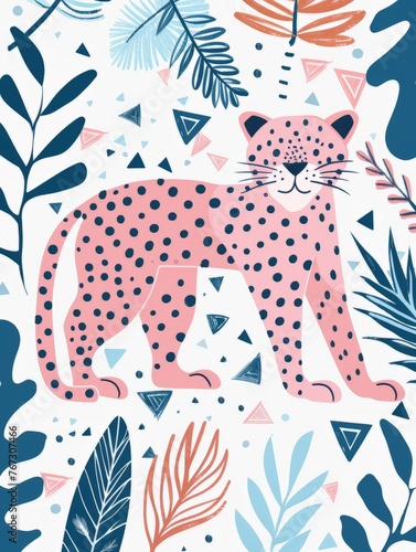 A pink and blue leopard stands surrounded by lush green leaves in a vibrant jungle setting © pham