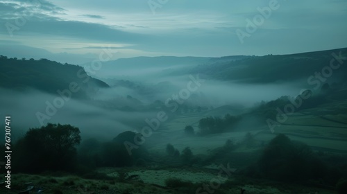 Misty Dawn in the Valley: Ethereal and Mysterious Landscape