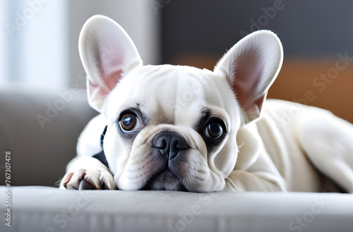 Close up portrait of a little pug dog on sofa at home © Elina