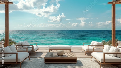 Cozy Oceanfront Retreat  Wooden Patio Furniture  White Couches  and a Calming View