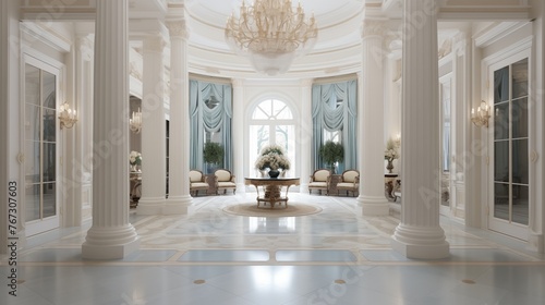 Lavish neoclassical residential oval entrance hall with inlaid herringbone parquet floors fluted pilasters crystal chandeliers and ionic columns. photo