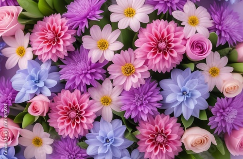 Close-up top view of a spring colorful bouquet in pastel colors 