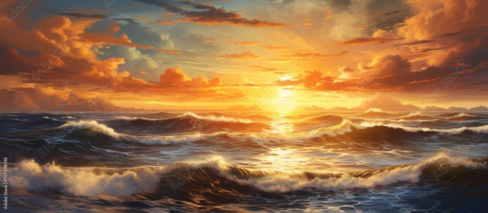 A stunning natural landscape painting capturing a sunset over the ocean, with waves crashing on rocks under a sky filled with cumulus clouds and an afterglow of dusk
