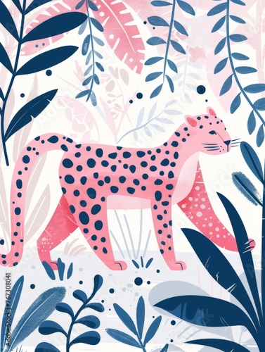 A pink and blue leopard blending into the jungle surroundings
