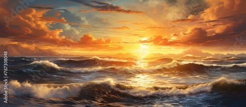 A stunning natural landscape painting capturing a sunset over the ocean, with waves crashing on rocks under a sky filled with cumulus clouds and an afterglow of dusk