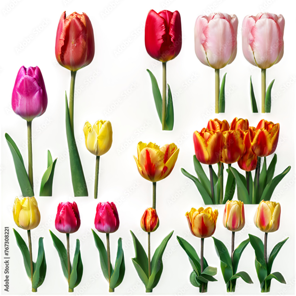 A collection of fresh natural pink, yellow, and red tulip flowers bouquet set. Generative AI A collection of fresh natural pink, yellow, and red tulip flowers bouquet set. Generative AI