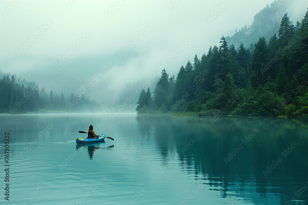 Person kayaking on a serene misty lake with forested mountains. Peaceful nature adventure photography. Solitude and tranquility concept. Design for poster, banner, and wellness retreats. Person kayaking on a serene misty lake with forested mountains. Peaceful nature adventure photography. Solitude and tranquility concept. Design for poster, banner, and wellness retreats.